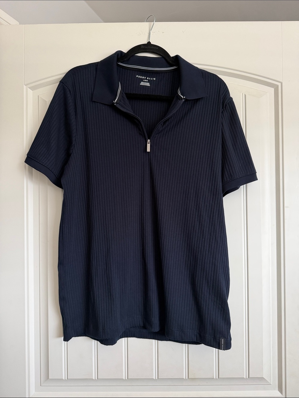 Perry Ellis Ribbed Navy Short-Sleeve Zip Polo size L